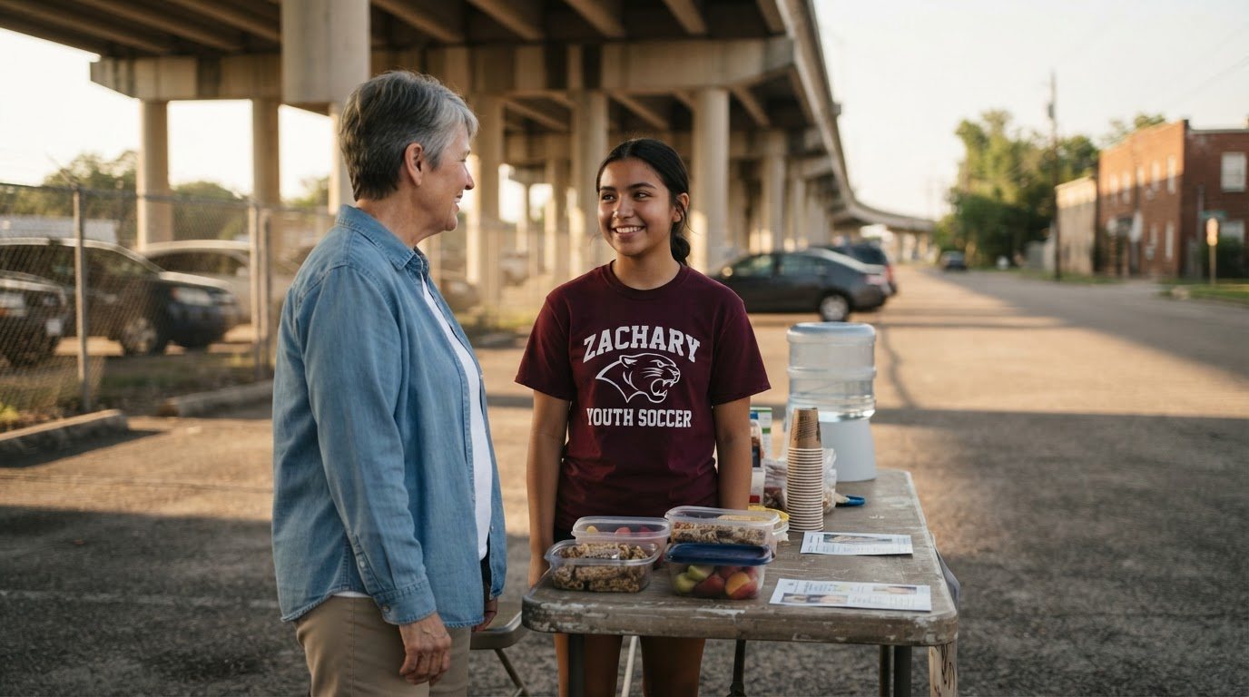 A teenager in a team shirt standing at the table talking with a volunteer, both mid-conversation, warm afternoon light