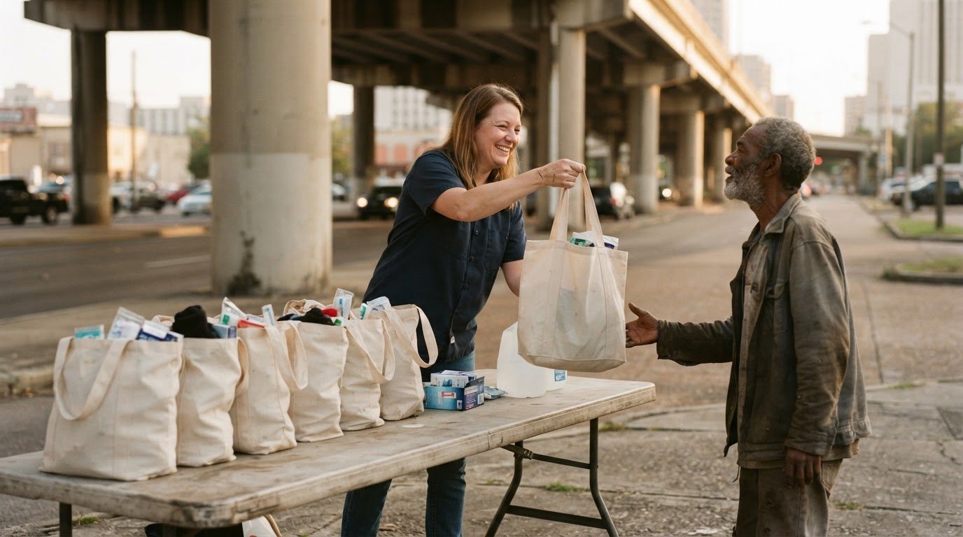 Tote bags of soap, socks and toothbrushes lined up along the table, a hand lifting one bag toward someone out of frame, warm