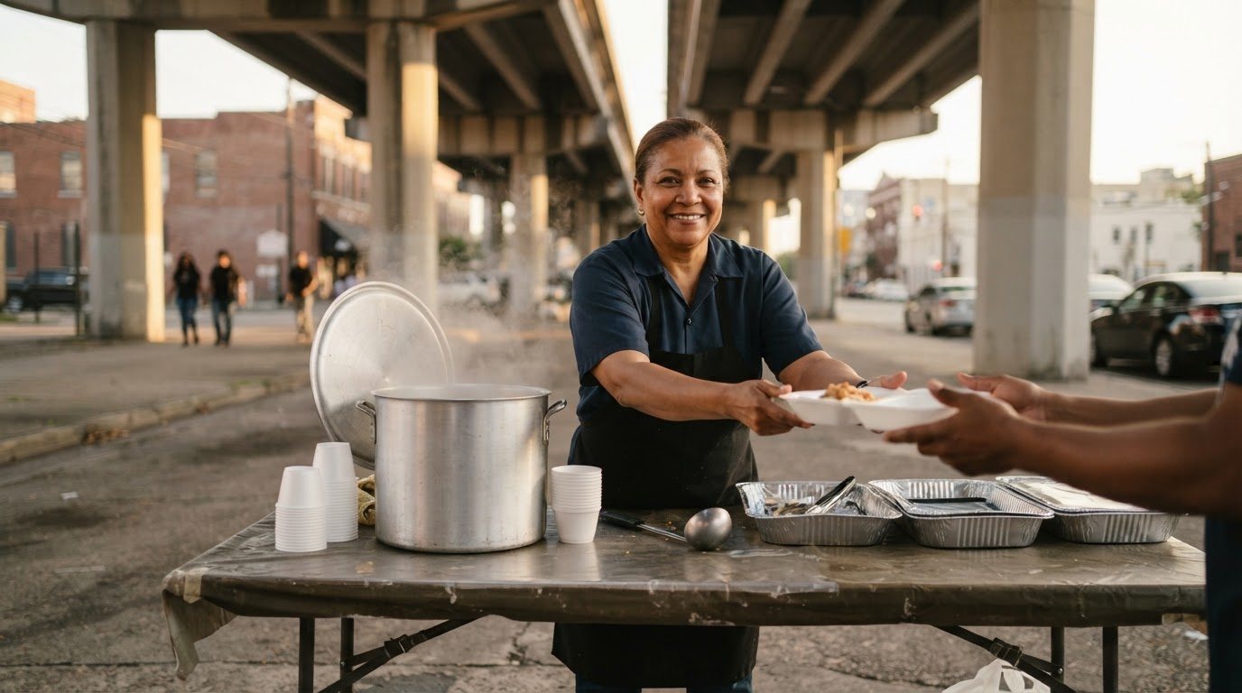A folding table set up outdoors under a concrete overpass on a downtown street, a large stockpot with steam rising